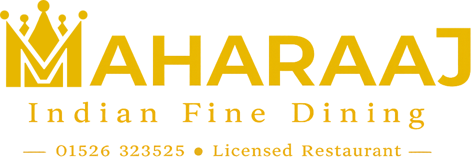 Maharaaj Indian Fine Dining – licensed restaurant. Crown logo and contact 01526 323525.